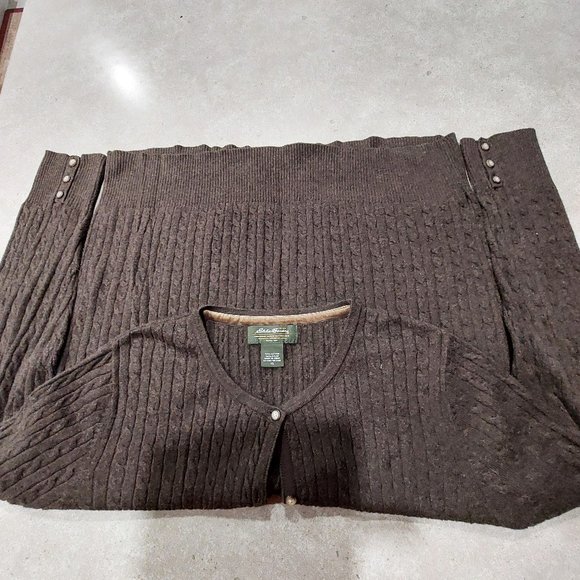 VINTAGE EDDIE BAUER Women's Chocolate Brown Cable Knit Button Down Sweater XL - Picture 7 of 10
